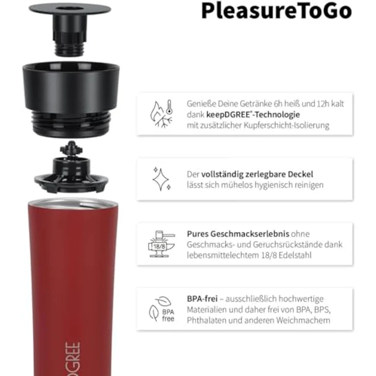 720°DGREE Thermobecher 460ml “PleasureToGo 2.0” - 6h Heiß, 12h Kalt, Auslaufsicher, BPA-Frei, Hygienisch - Grau – Bild 2
