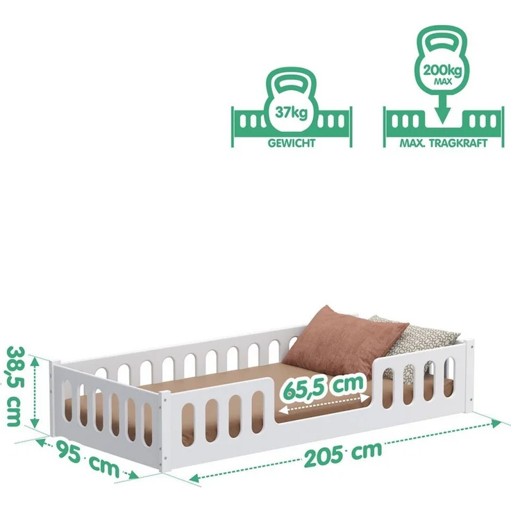 CADANI Monte 2in1 Bodenbett 90x200 cm Montessori Kinderbett Rausfallschutz abnehmbar - weiß, 37 kg schwer, bis 200 kg belastbar, extra starker Roll-Lattenrost, umbaubar – Bild 2