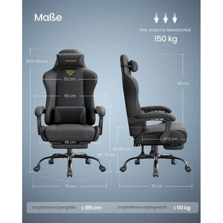SONGMICS Gaming-Stuhl, Ergonomischer Bürostuhl mit Fußstütze, bis 150 kg, 66 x 64 x 123,5-133 cm, Schwarz – Bild 5