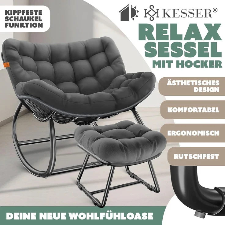 KESSER® Schaukelstuhl für drinnen & draußen ergonomischer Schaukelsessel | maximale Belastung von 120kg Relaxsessel mit Rutschfesten Füßen, Witterungsbeständig | Ideal für Balkon, Garten & Wohnzimmer Anthrazit, XXL Chillexer Pro – Bild 3
