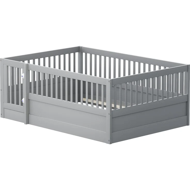 Kinder Bodenbett aus massivem Kiefernholz 140x200 cm mit Zaun & Tür,sicheres Spielbett,offenes Hausbett,Grau – Bild 9