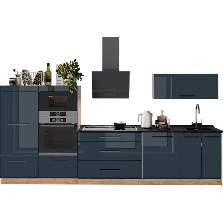 Küchenzeile Fame-Line Dunkelblau Hochglanz/Goldkraft Eiche 340 cm, AP Marmor Vicco – Bild 5