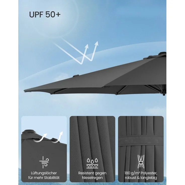 SONGMICS Sonnenschirm, Ampelschirm, 300 cm, UPF 50+, Gartenschirm, um 360° drehbar, Neigungswinkel stufenlos verstellbar, mit Kurbel, Kreuzfuß, Grau – Bild 2