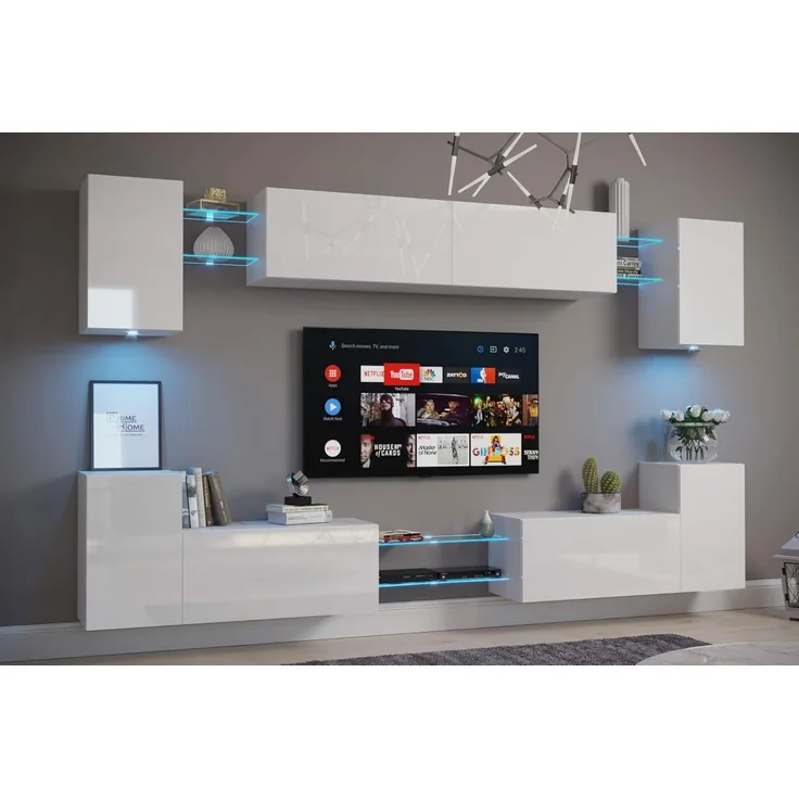 FURNITECH Nairobi C1 Möbel Wohnzimmer Schrankwand Wohnwand Wandschrank Mediawand mit Led Beleuchtung (D40-HG-W2, LED RGB (16 Farben))