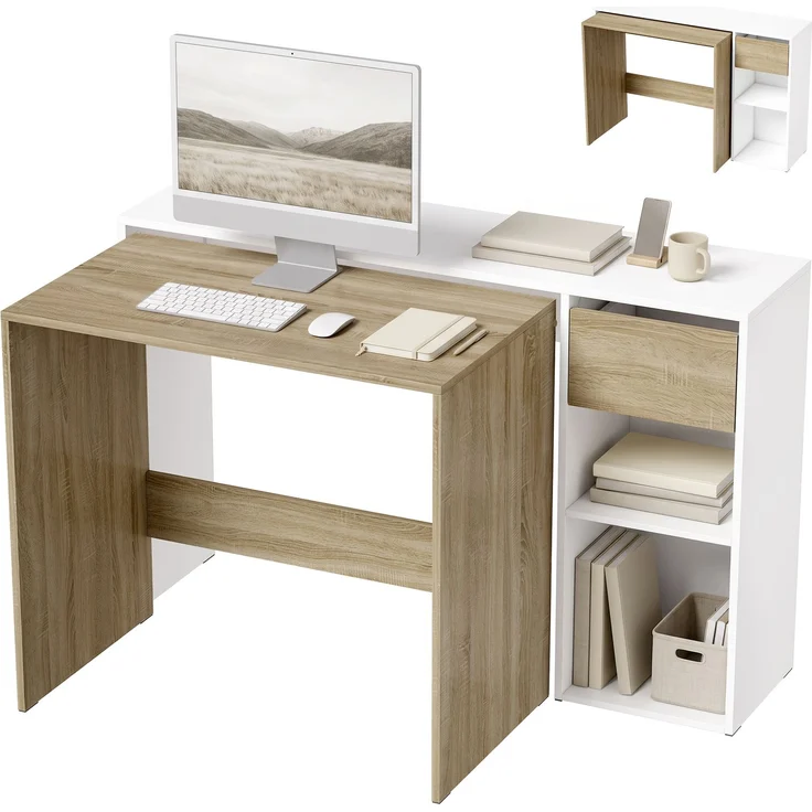 MELAYR, Zweiteiliges, stapelbares Computertisch-Set, Computertisch 80/117 cm mit Schublade und offenen Regalen, Weiß – Bild 1