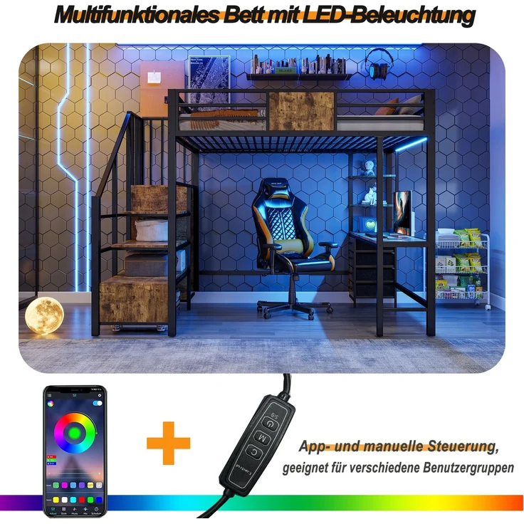 EINHOM Hochbett 140x200 cm, mit Schreibtisch, Ablagefächern, Kleiderstange, LED-Beleuchtung & Steckdose, Schwarz – Bild 6