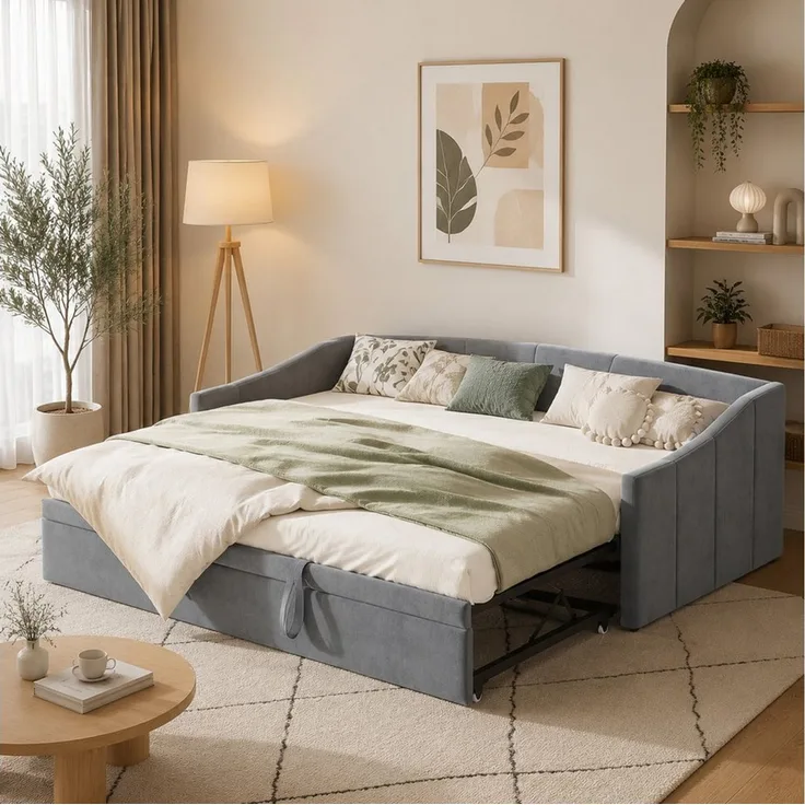 Simurq Schlafsofa Ausziehbares Schlafsofa, Gästebett mit Armlehnen, Tagesbett, Daybett Schlafsofa mit Ausziehbett 90/180x200cm Samt Bezug