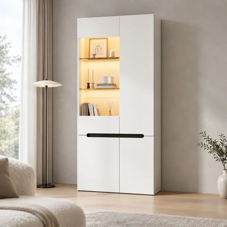 Vitrine 80x35x180 cm in Weiß, mit 4 Türen, LED-Licht und 8 Fächern – Bild 4
