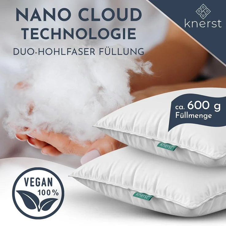 KNERST Kopfkissen Kopfkissen Nano Cloud Fill 100% Polyester, Füllung: NanoCloudFill Technologie – 100% Polyester, ergonomisches Schlafkissen ideal für jede Schlafposition, Kissen mit eleganter, weißer Biese – Bild 2