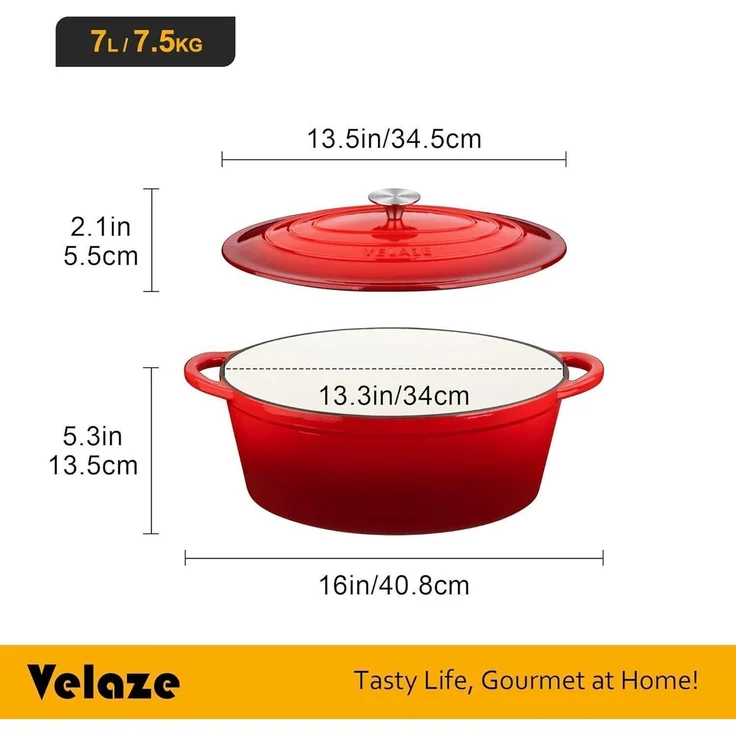 Velaze Gusseisen Bräter Oval 34cm 7L Emaille Topf Brotbackform Rot – Bild 2