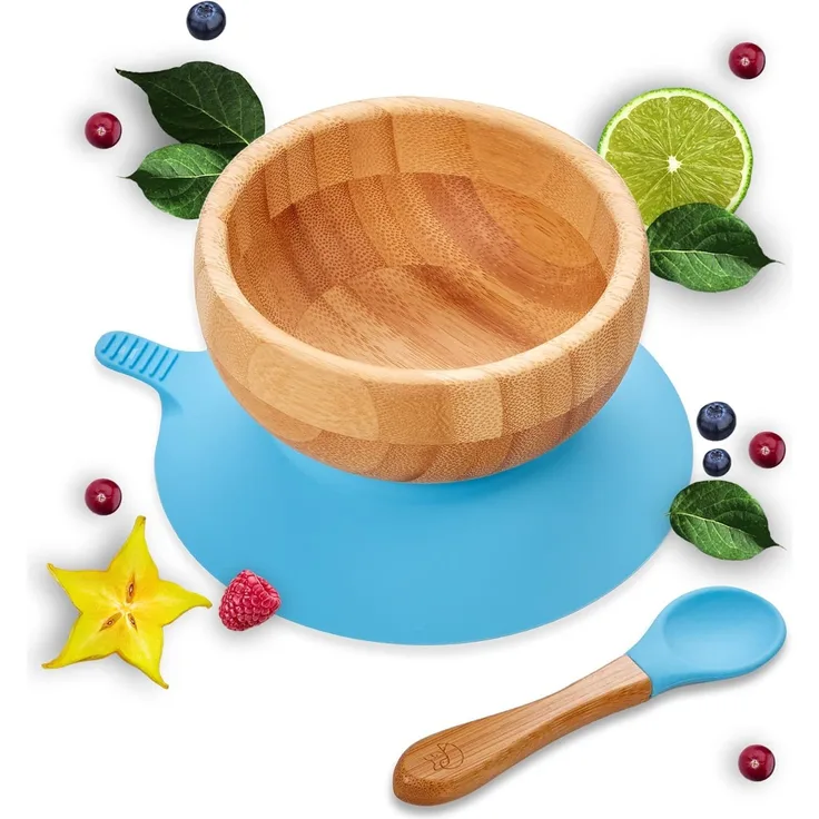 Kleiner Fuchs Bambus Baby Schüssel mit Saugnapf, Schüssel mit rutschfestem Saugnapf inkl. passendem Baby Löffel, hochwertiges Baby Geschirr Set mit Saugnapf inkl. Geschenkbox - Basis Design