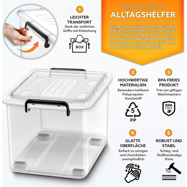 tillvex® Aufbewahrungsboxen mit Deckel 6er Set - 42L, lebensmittelecht | Kunststoff Boxen Set stapelbar | Aufbewahrung Ordnungssystem Box groß | Aufbewahrungsbox Kleiderboxen transparent 100% Neumaterial – Bild 2