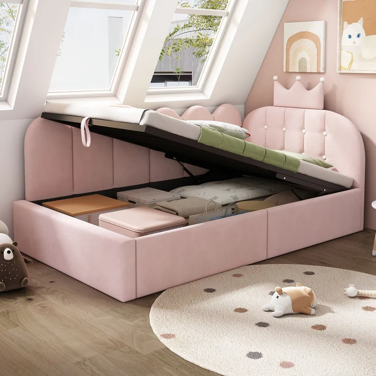 Merax Einzelbett 90x190 cm, Kinderbett, Polsterbett, Daybett, Tagesbett-Schlafsofa mit Stauraum (hydraulisch), Gästebett L-Form Samt, Rosa – Bild 3