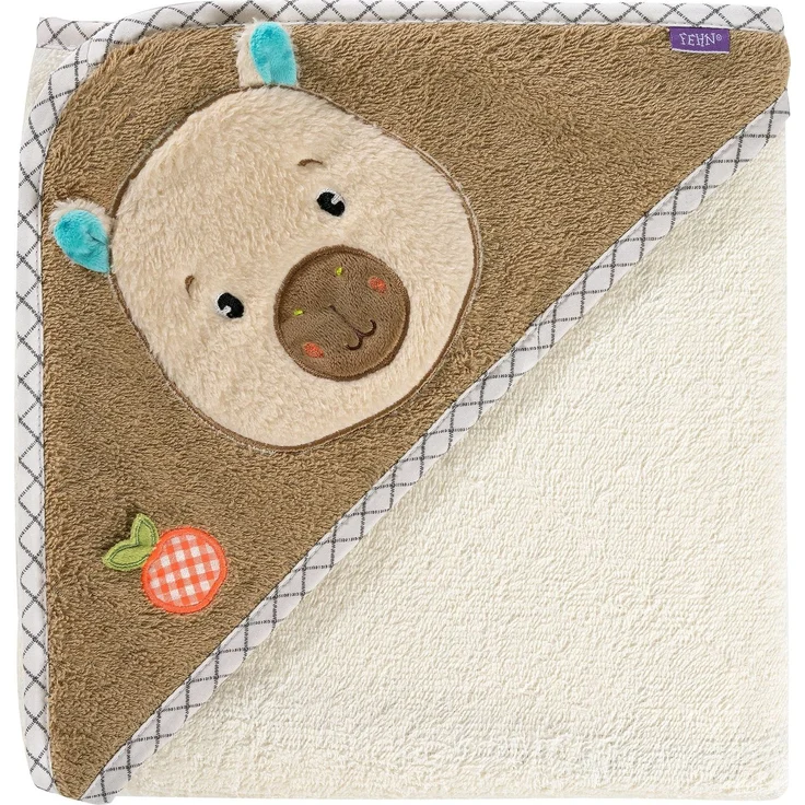 Fehn Kapuzenbadetuch Capybara – Baby Badeponcho aus Frottee mit Kapuze und niedlichem Capybara Motiv – Baby Handtuch mit Kapuze saugstark und kuschelweich – für Babys und Kleinkinder ab 0+ Monaten