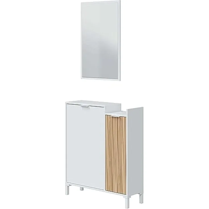 Habitdesign, Garderobe mit Schuhschrank und Spiegel – platzsparendes Flurmöbel in Artik weiß und Natur für den Eingangsbereich, modernes Design, Maße: 77 x 91 x 24 cm (B x H x T), Modell Ethna