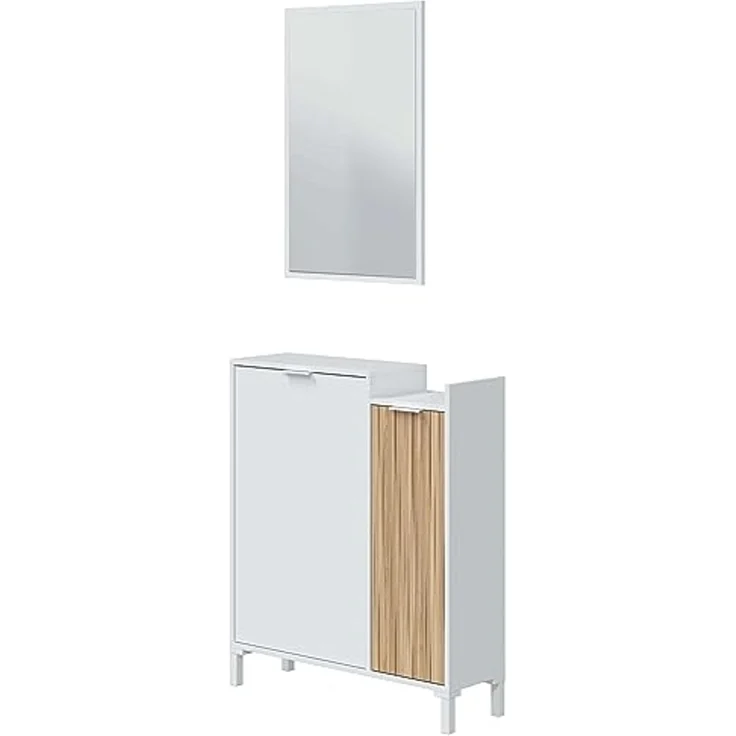 Habitdesign, Garderobe mit Schuhschrank und Spiegel – platzsparendes Flurmöbel in Artik weiß und Natur für den Eingangsbereich, modernes Design, Maße: 77 x 91 x 24 cm (B x H x T), Modell Ethna – Bild 1