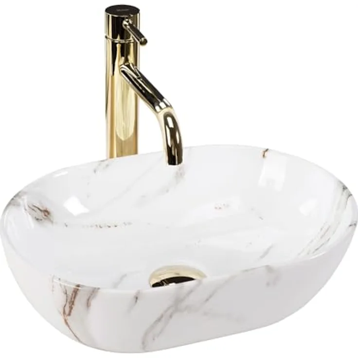 Rea Aufsatzwaschbecken MINI AIAX SHINY, Keramik Waschschale für Badezimmer, 380x260x120mm, Steinimitation, ohne Hahn- und Überlaufloch