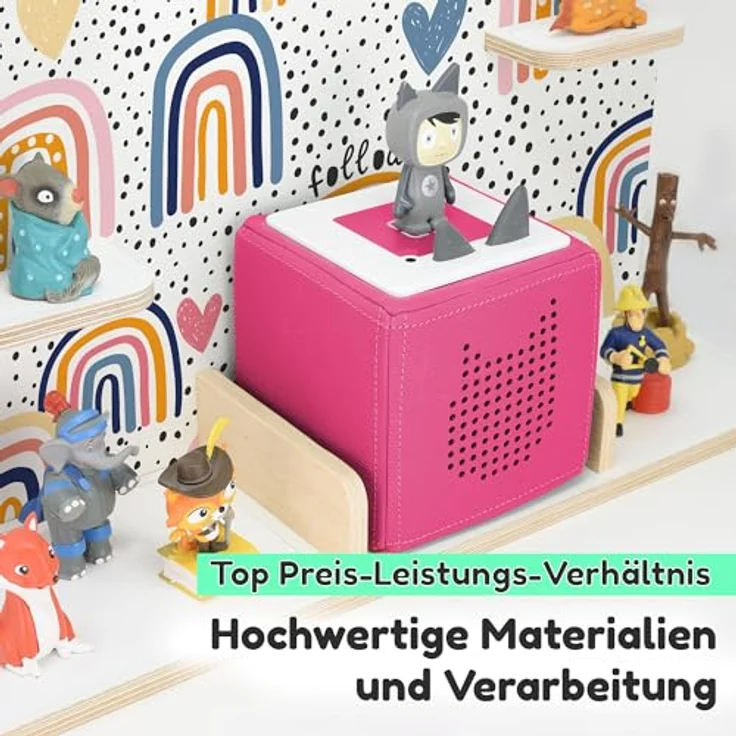 stadtecken Holzregal für Musikbox I Geeignet für die Toniebox und ca. 50 Tonies I Perfekte Tonie Aufbewahrung im Kinderzimmer I Zum Aufstellen oder Aufhängen I Follow The Rainbow, groß – Bild 4