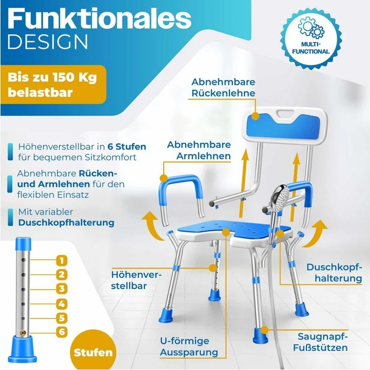 KESSER® Duschhocker mit Lehne höhenverstellbar in 6 Stufen 38-54cm | Badhocker 150KG belastbar Duschstuhl Anti-Rutsch Füße & Matten | Duschhilfe Senioren & Schwangere Duschsitz mit Brausehalterung Weiß / Blau – Bild 3