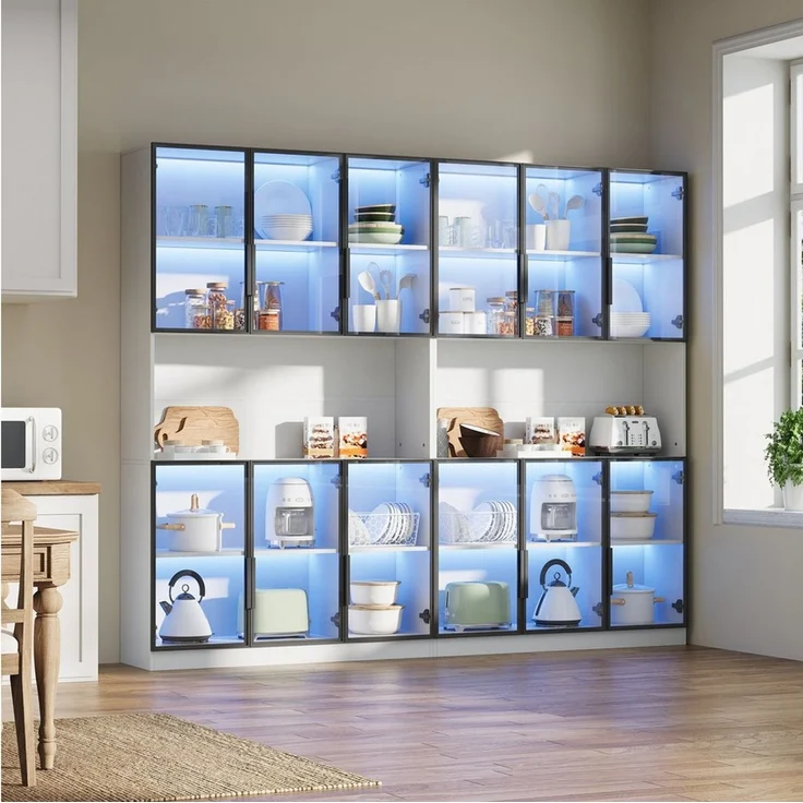 OKWISH Vitrine Regal 240x200x34 cm mit LED-Beleuchtung & 12 Glastüren – weiß (Packung, 2-St, Elegante Aufbewahrungslösung mit Soft-Close Scharnieren) Perfekt für Ihre wertvollen Stücke. – Bild 4