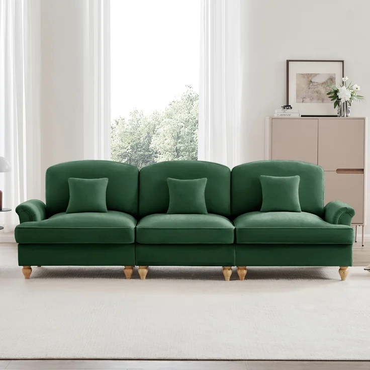 Elegantes Mid-Century 3-Sitzer Sofa, Chenille, Trichter-Armlehnen, abnehmbare Rüschenschürze, spindelförmige Beine, komfortables Sofa fürs Wohnzimmer, Grün – Bild 4