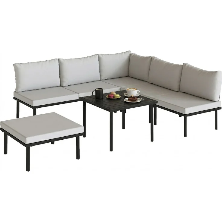 Wohnora-Lounge Gartenmöbel Set 5-6 Personen Gartenlounge Set mit 2 Sitzer Gartensofa 2 Stühle Eckstuhl Lamell-Tisch Fußhocker,H 64cm x T 234cm x B 176cm,Hellgrau – Bild 2