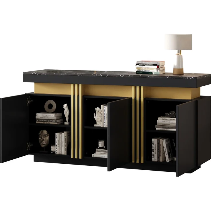 ZUBALIYA Sideboard 140x38x70 cm, mit 3 Türen, aus Spanplatte, Schwarz – Bild 13