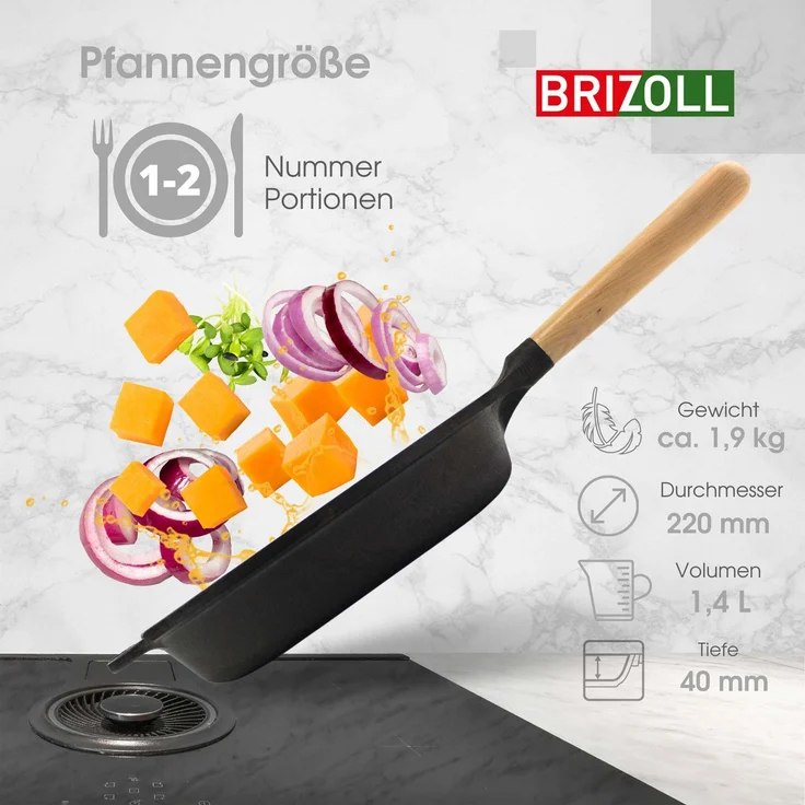 Ø22cm 40mm tief Gusseisenpfanne BRIZOLL mit Glasdeckel Bratpfanne aus Gusseisen Eisenpfanne Gusspfanne rund mit Holzgriff von 4big. fun INDUKTION für alle Herdarten – Bild 3