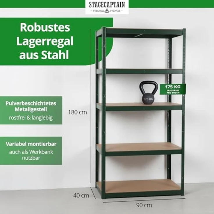 Stagecaptain Schwerlastregal Lagerregal - 5 variabel montierbare Böden - auch als Werkbank umbaubar, Tragkraft pro Boden: 175 kg, gesamt 875 kg – Bild 2
