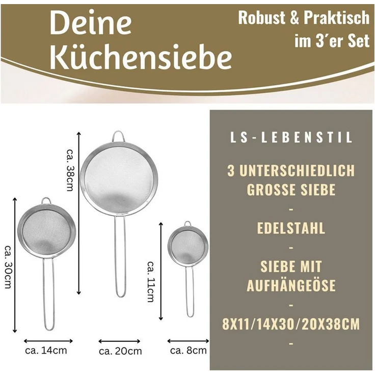 LS-LebenStil Küchensieb Edelstahl Siebe 3´er Set 8cm 14cm 20cm mit Aufhängeösen, Edelstahl, (Abtropfsieb Passiersieb Mehlsieb Teesieb mit Aufhängeöse, 3-St, Küchensieb Set mit 8 cm 14 cm 20 cm Siebdurchmesser), Nudelsieb Feines Haarsieb Mehlsieb für Kü... – Bild 2