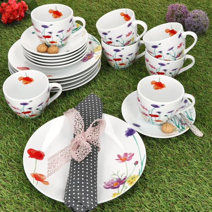 18tlg Kaffeeservice Marie Porzellan 6 Personen Tassen Untertassen Teller Blumen – Bild 3