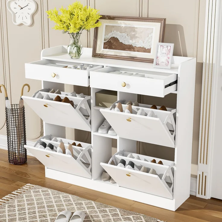 Schuhschrank mit 4 Klapptüren, 2 Schubladen & 3 Fächern, 110x26x100 cm, Weiß – Bild 4