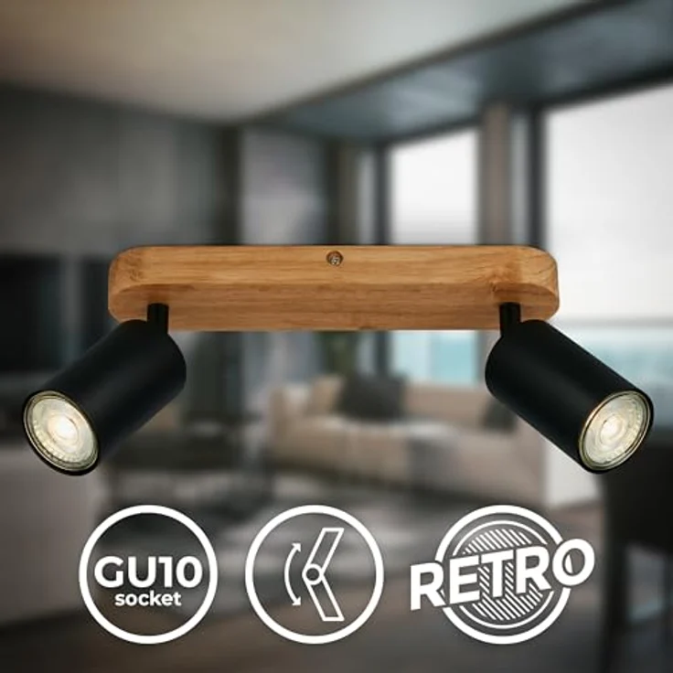 B.K.Licht - Deckenlampe schwenkbar, GU10 Fassung, max. 9 W, Deckenleuchte, Lampe, Wohnzimmerlampe, Schlafzimmerlampe, Küchenlampe, Deckenstrahler, Deckenbeleuchtung, 27 cm, Schwarz-Holz – Bild 4