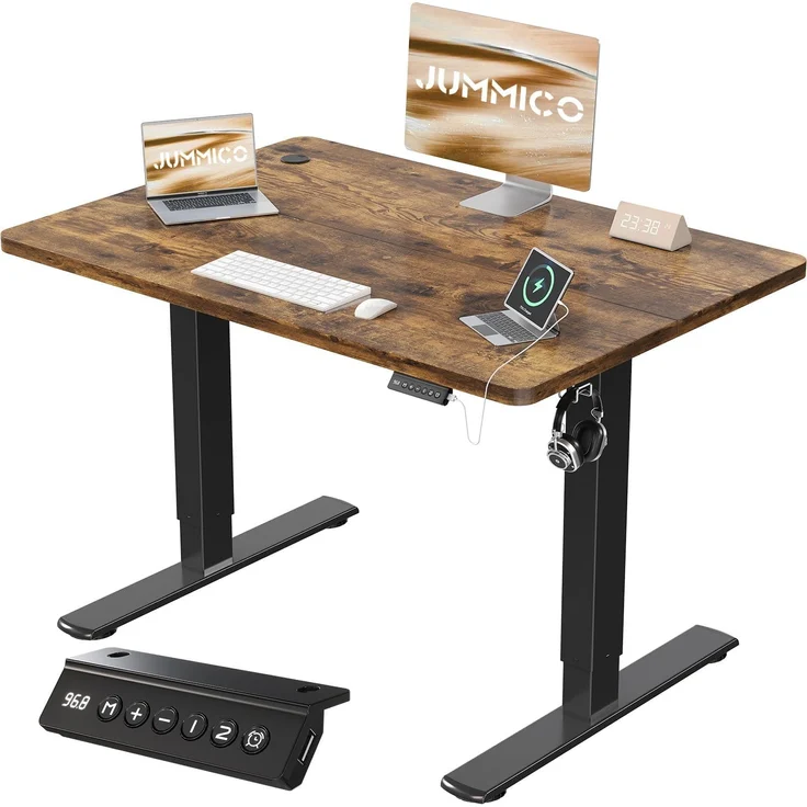 JUMMICO Schreibtisch elektrisch höhenverstellbar mit USB-Ladeanschluss, Braun, 100x60 cm – Bild 1