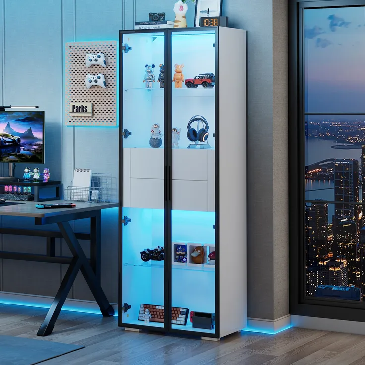 Merax 160cm Schrank, Vitrine Schranktür aus gehärtetem Glas, Vitrine Lagerschrank mit LED, 2 Glasboden, 2 Schubladen, Highboard, Wohnzimmerschrank, Aufbewahrungsschrank, Weiß