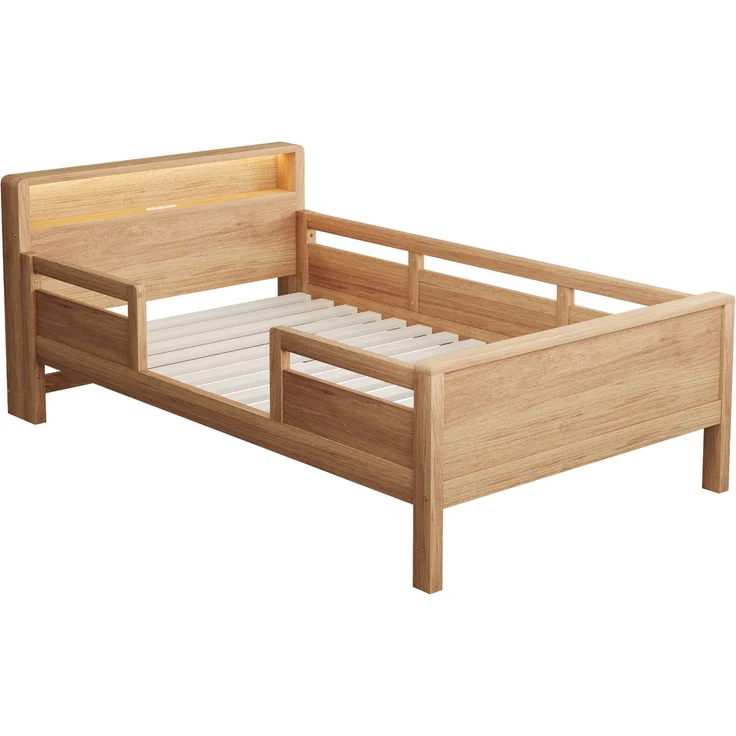 Kinderbett 90x200 cm mit LED & USB Type-C Anschluss,Massivholz Einzelbett mit Kopfteil Ablage & Gitterdesign,Weiß – Bild 10