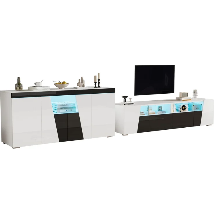 ZUBALIYA Wohnzimmerset 180x38,5x45 cm, mit LED-Beleuchtung, Hochglanz, aus Spanplatte, Weiß – Bild 12