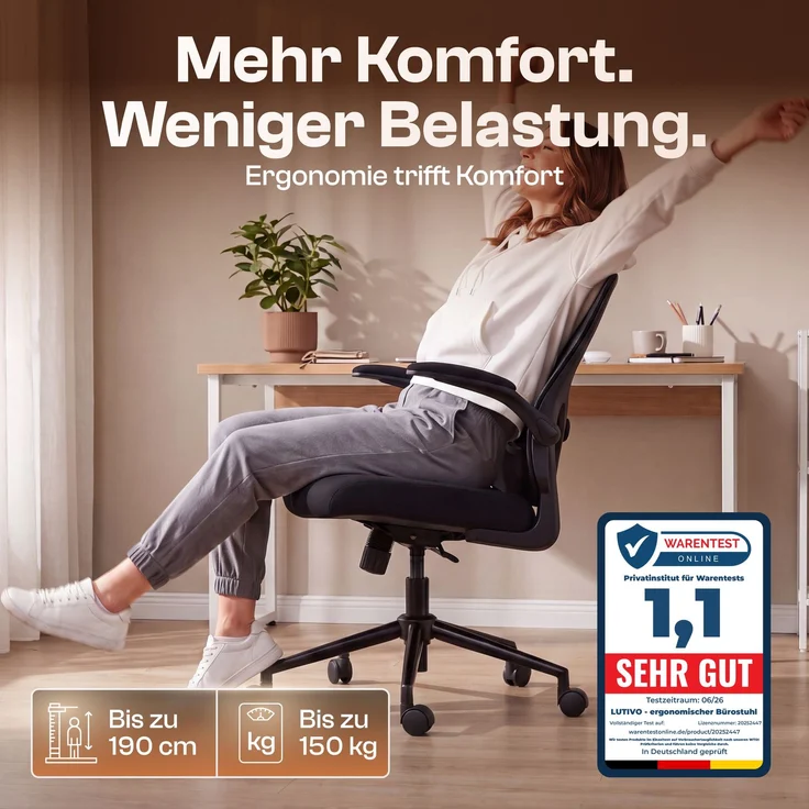 LUTIVO Delta, ergonomischer Bürostuhl ohne Kopfstütze, atmungsaktiver Mesh Stoff, Schreibtischstuhl schwarz – Bild 1