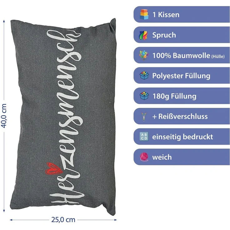 CEPEWA Dekokissen Kissen Herzensmensch 40x25cm grau Baumwolle PES 180g Reißverschluss – Bild 2