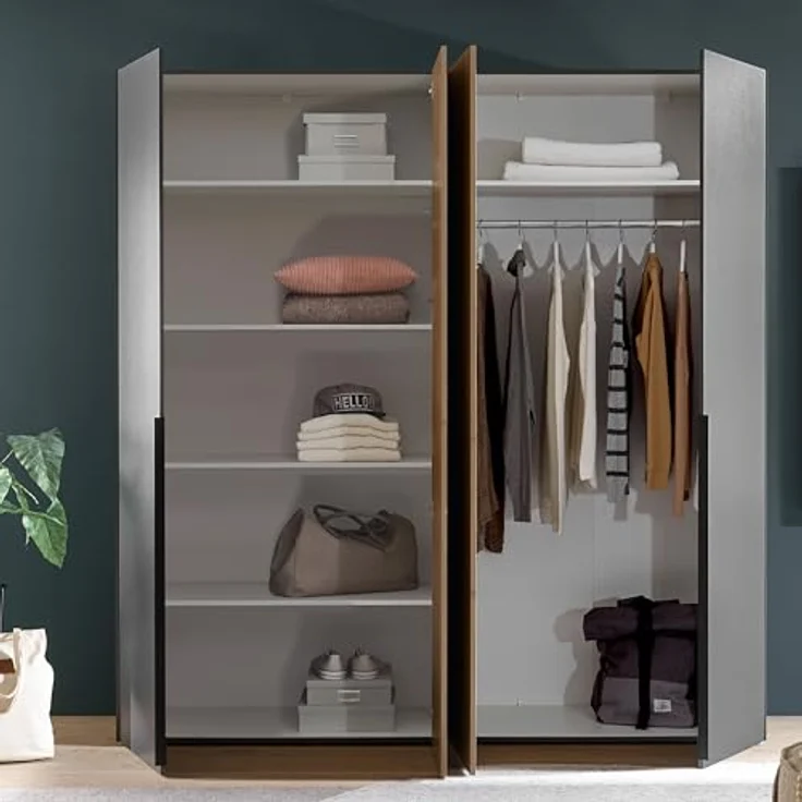 Stella Trading ASKA Kleiderschrank in Graphit, Mauvella Eiche Optik - Vielseitiger Drehtürenschrank 4-türig für Ihr Schlafzimmer - 200 x 210 x 53 cm (B/H/T) – Bild 7