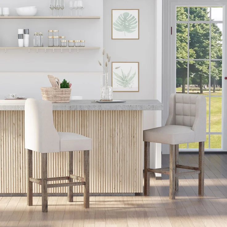 2er-Set Barhocker mit Knopfheftung, Massivholz, inkl. Fußstütze, 47 cm x 50 cm x 101 cm, Grau + Natur--Beige--101x50x47cm--YOUDENOVA – Bild 3