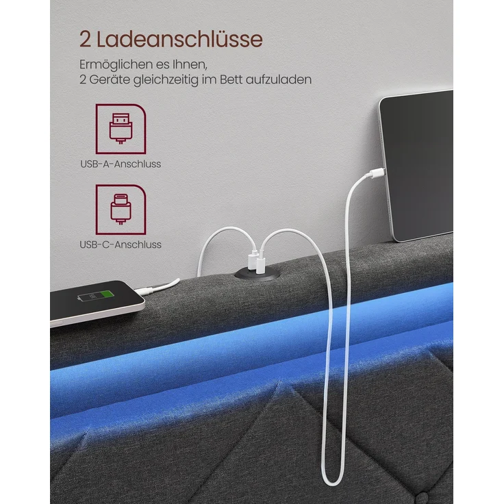 VASAGLE Doppelbettgestell, Bettgestell, 140 x 200 cm, LED, Metallbett, 4 Schubladen, Ladestation, verstellbares gepolstertes Kopfteil, schiefergrau RMB827G02 – Bild 2