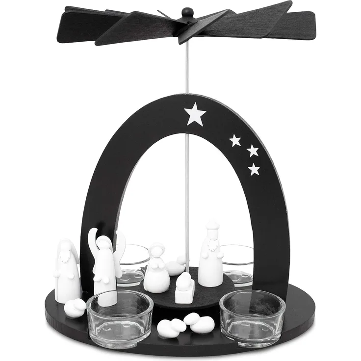 BRUBAKER Weihnachtspyramide Teelicht Holzpyramide Maria, Josef und Jesus, Weihnachtsdeko, Schwarz-weiße Teelichtpyramide mit 4 Teelichthaltern aus Glas
