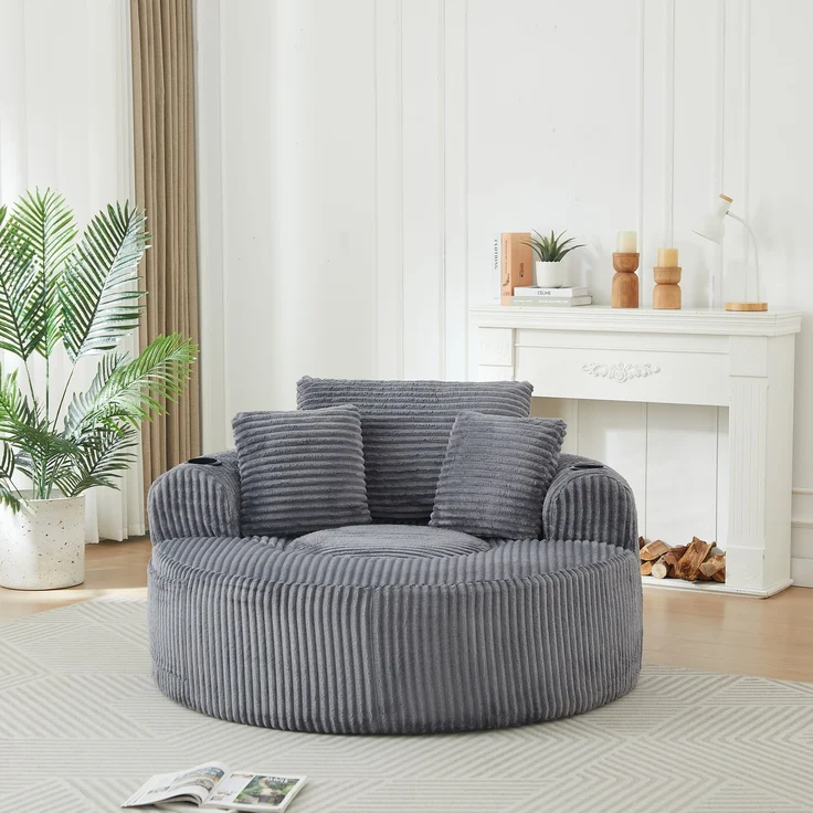 Rundes Loungesofa aus Cord, Einzelsitz Sitzsack Liegestuhl mit 3 Kissen, 2 Getränkehaltern, Seitenaufbewahrung, Rutschfest, Bequemes Relaxsofa für Wohnzimmer Schlafzimmer--Herde--146x29x32cm--YOUDENOVA – Bild 9