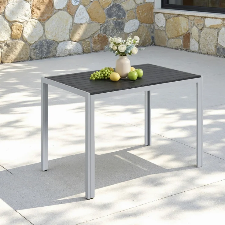 Clevich Gartentisch Wetterfeste, 110x70 cm, Outdoor-Esstisch, WPC-Balkontisch, Aluminiumrahmen, Wetterfeste Gartenmöbel, quadratischer Terrassentisch, Silber Grau – Bild 1