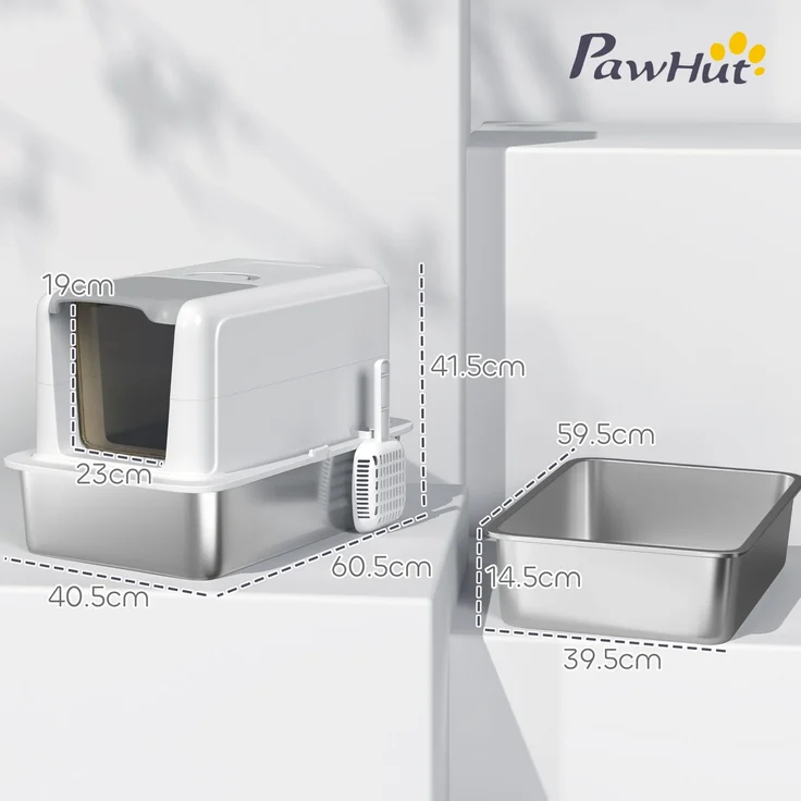 Katzentoilette mit Edelstahlwanne, Deckel & Streufilter, 40,5x60,5x41,5 cm, Weiß – Bild 3