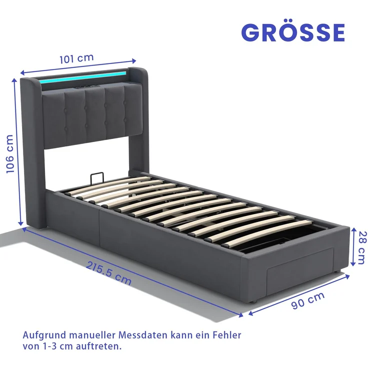 Polster-Jugendbett aus Samt mit LED, USB, hydraulischem Stauraum & Schubladen, ohne Matratze, 90x200 cm, Grau – Bild 6