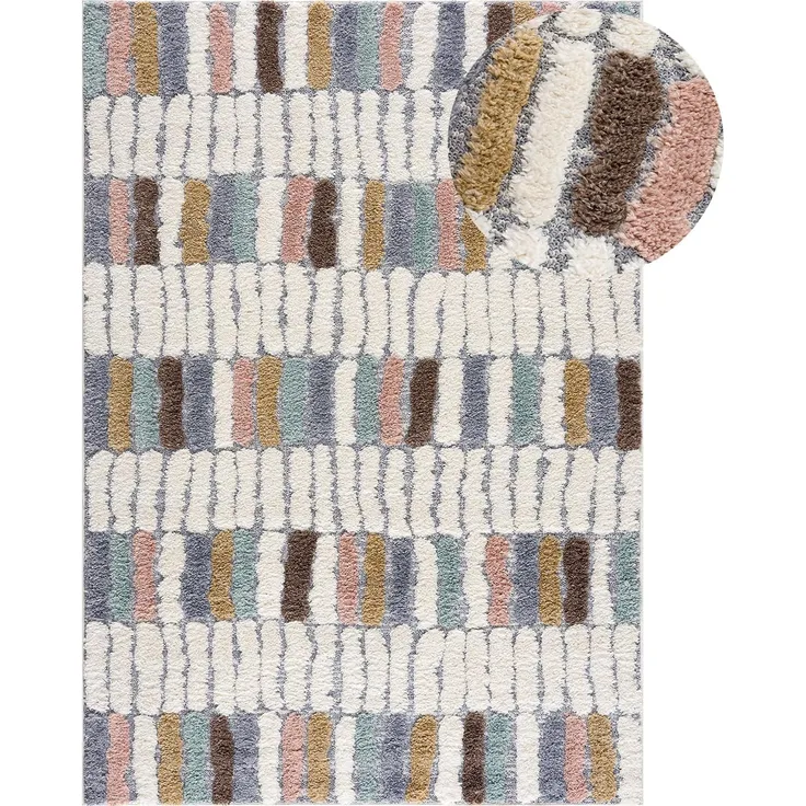 Teppich Wohnzimmer - 80x150cm - Hochflor Flauschig Weich - Pastellfarben Multi - Boho Design - Skandinavisch Steinoptik Abstrakt - Schlafzimmer