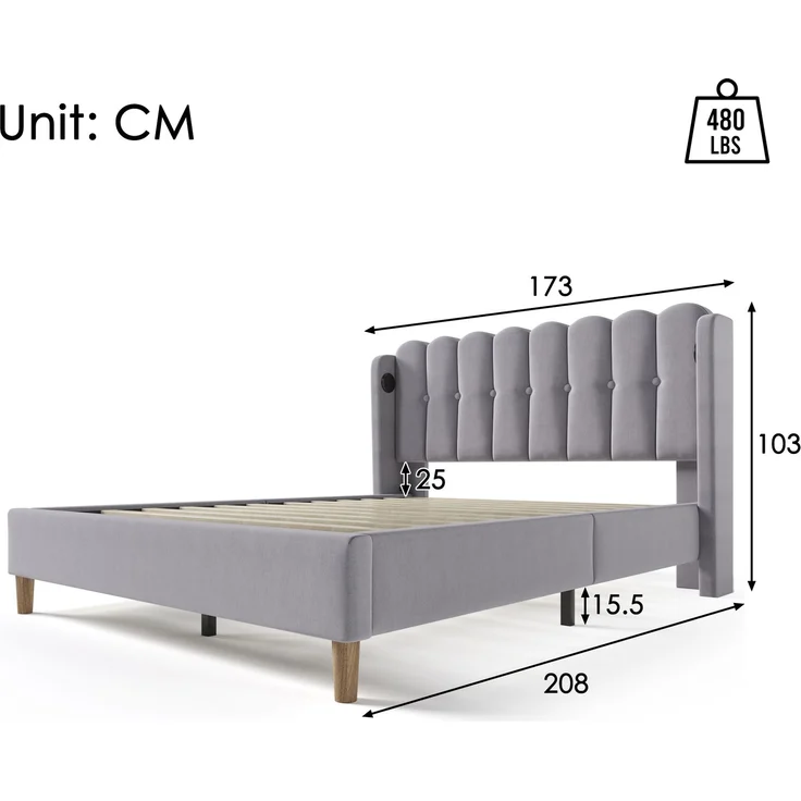 Einzelbett 160x200 cm Grau Leinen mit USB & Type-C Ladeanschluss,gepolstertes Kopfteil,Design-Paneel,stabiler Rahmen – Bild 7