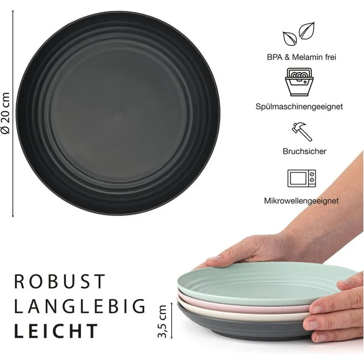 Hausfelder Teller-Set Teller Geschirr Set, Camping Teller Set 8 Personen 20 cm (8-tlg), Kunststoff, Tellerset in 4 Farben, spülmaschinengeeignet – Bild 2
